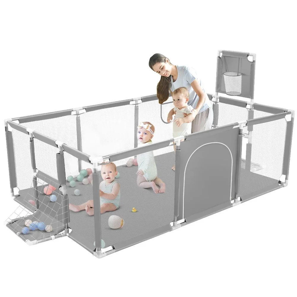 Extra-Large Rectangular Baby Playpen (71.6 Inches Long) with Basketball Hoop,