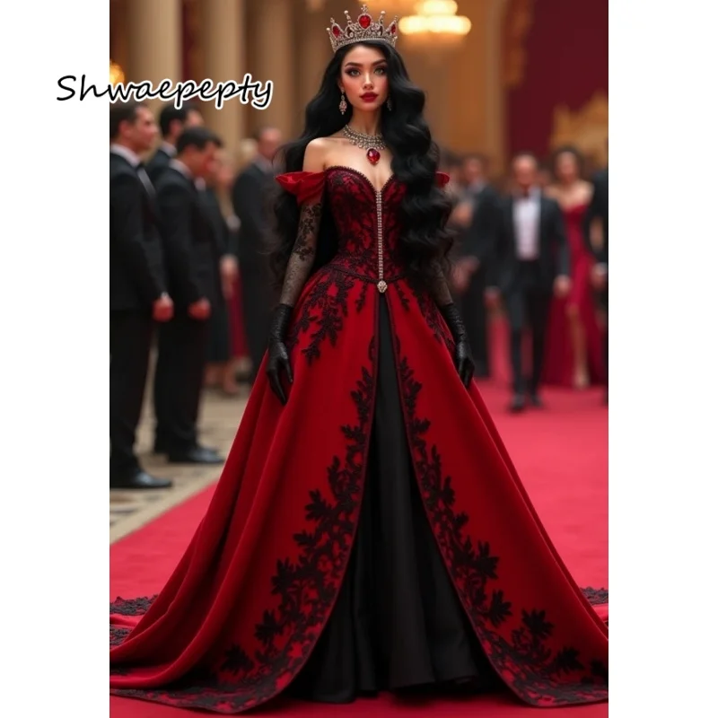Gothic Red And Black Princess Wedding Dress Lace Appliques Off Shoulder ...