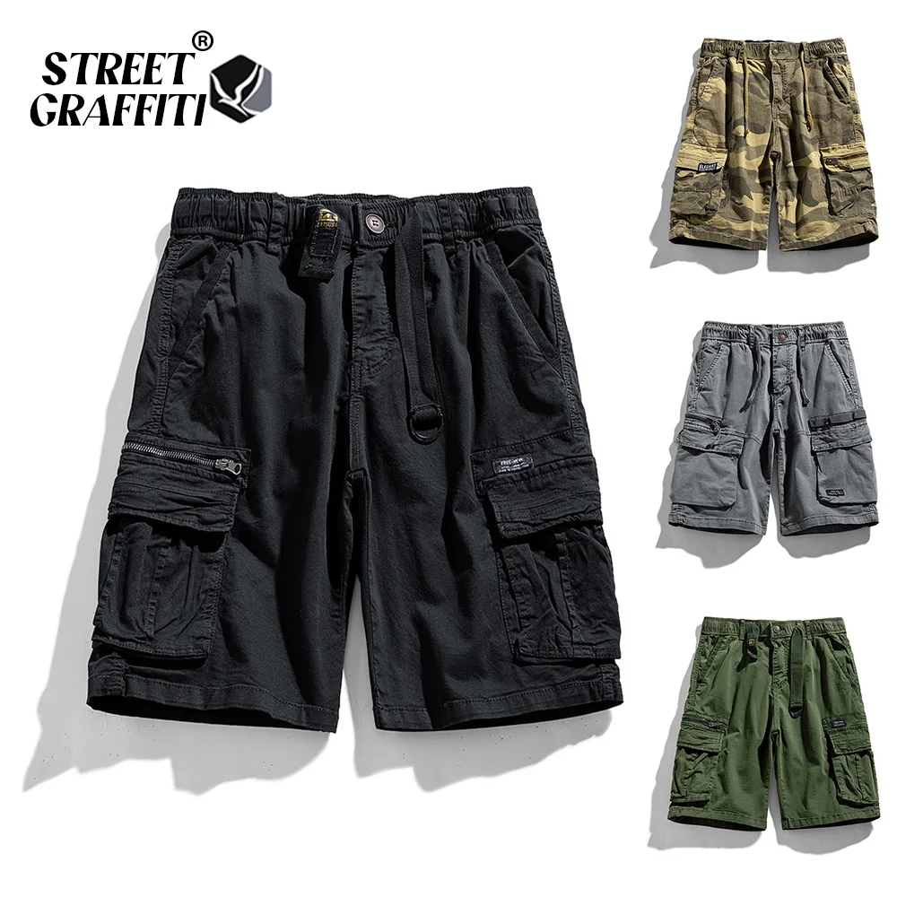 

2023 Summer Men Pure Cotton Solid Causal Shorts High Quality Male Fashion Multi-Pocket Beach Knee Length Short Dropshipping