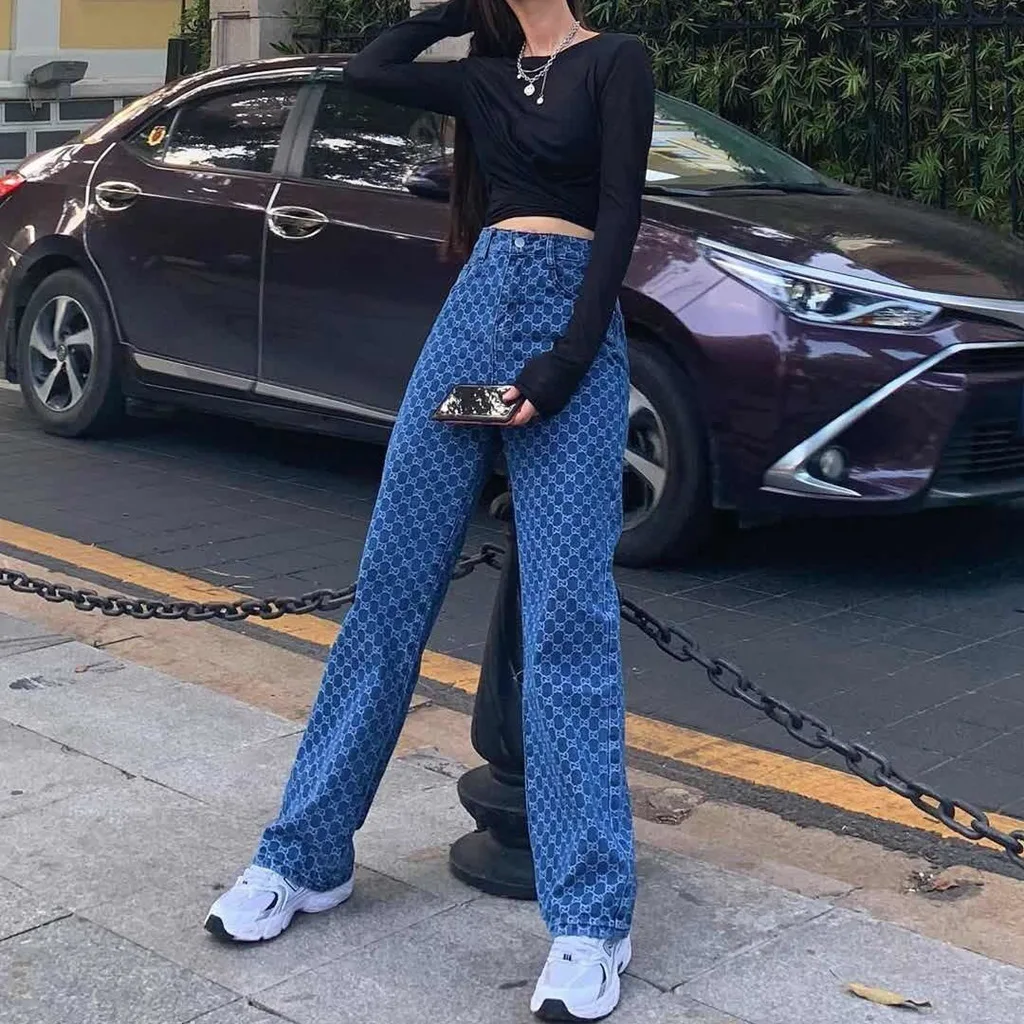 

Women's Wide Leg Mom Jeans Trousers Women High Waist Loose Long Denim Pants Elegant Jacquard Straight Bell Bottoms Jean Femme