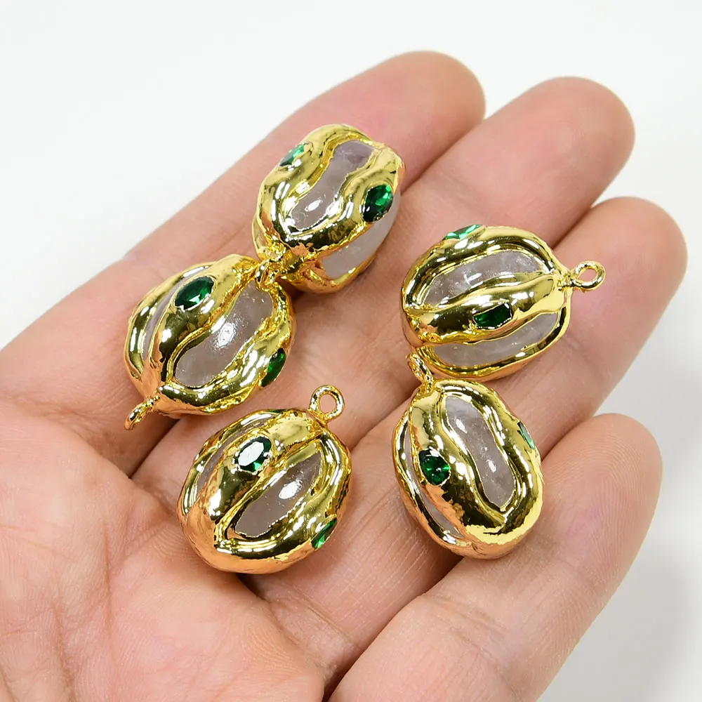APDGG 5 Pcs Natural White Quartz Gold Plated Green Crystal Paved Charms Pendant For Lady Pearl Necklace Jewelry Making DIY