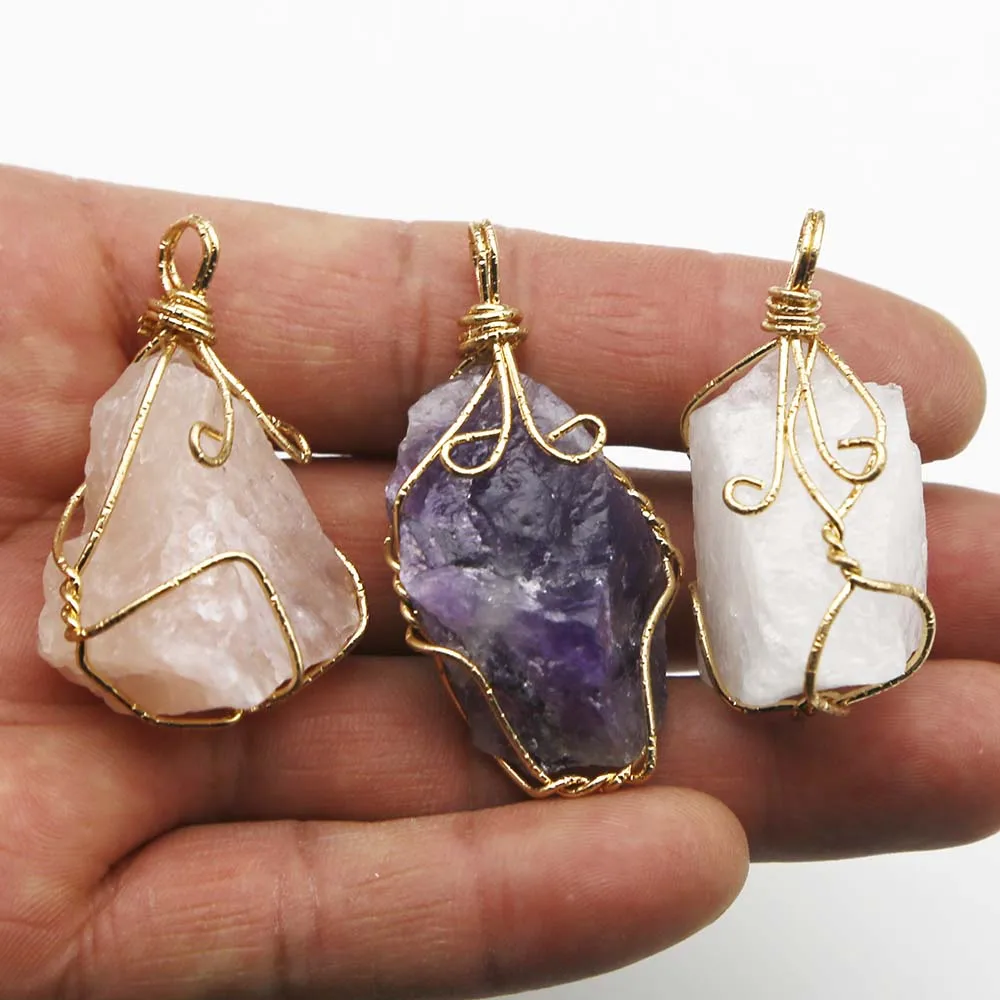 Quality Natural Raw Ore Irregular Winding Wire Necklace Pendants Crystal Quartz Charms Jewelry Accessories Making Wholesale 8Pcs