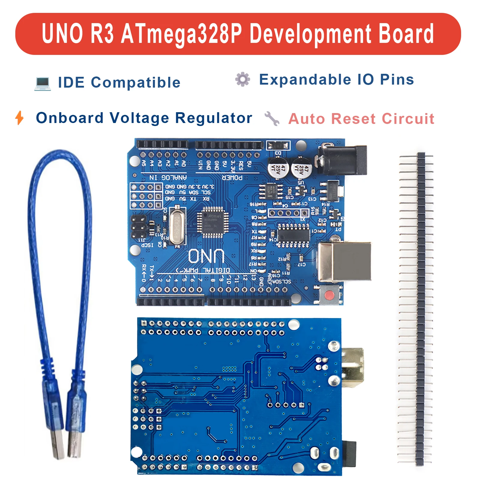 UNO R3 Board ATmega328P Mikrocontroller CH340-Treiber Einfache Installation mit Pin-Header-Kabel für Arduino IDE STEM-Lernen Zuverlässig