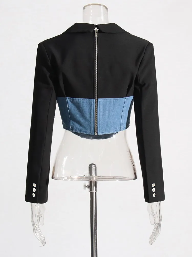 BPN Patchwork Denim Blazers For Women Notched Collar Long Sleeve Spliced Zipper Hit Color Short Blazer Female Autumn Clothing