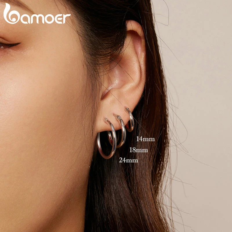 BAMOER-Boucles d'oreilles créoles hypoallergéniques en argent regardé 925 pour femme, tube standard plaqué or blanc 14 carats, classique audacieux