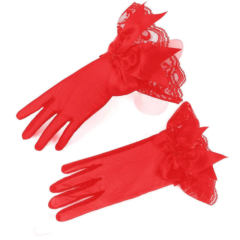 

Women Mesh Lace Mittens Lady Short Gloves Summer Driving Gloves Elegant Black White Prom Party Gloves Girls Large Bow Knot Glove