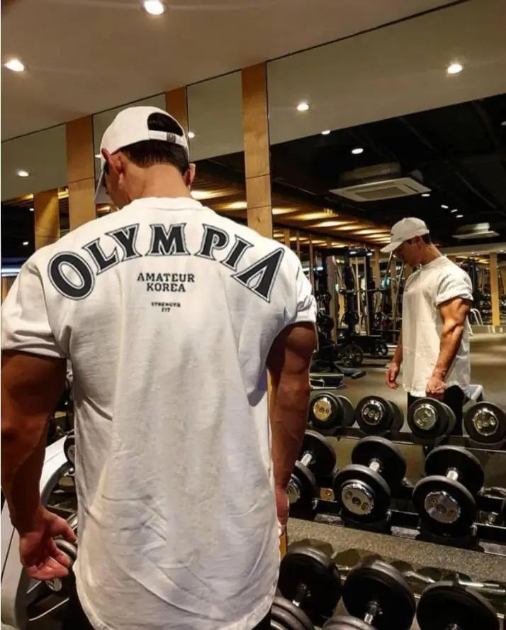 OLYMPIA Cotton Gym Shirt Sport T Shirt Men Short Sleeve Running Shirt Men Workout Training Tees Fitness Loose large size M-XXXL