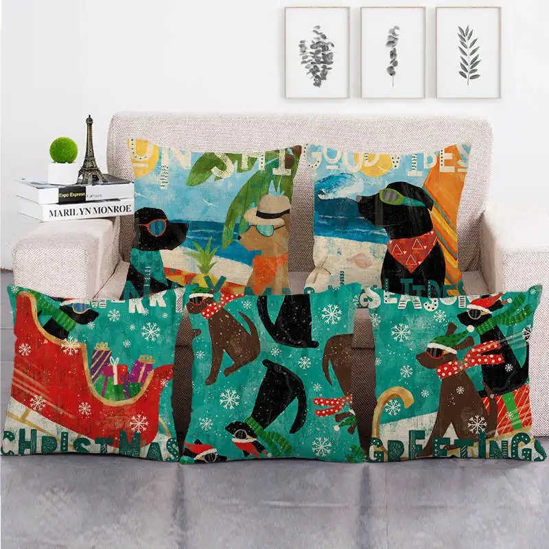 

Vacation Dog Pillow Case Ski Dog Cotton Linen Pillowcase 40x40 Cm Bed Sofa Bedroom Living Room Pillow Cover Decoration 45x45