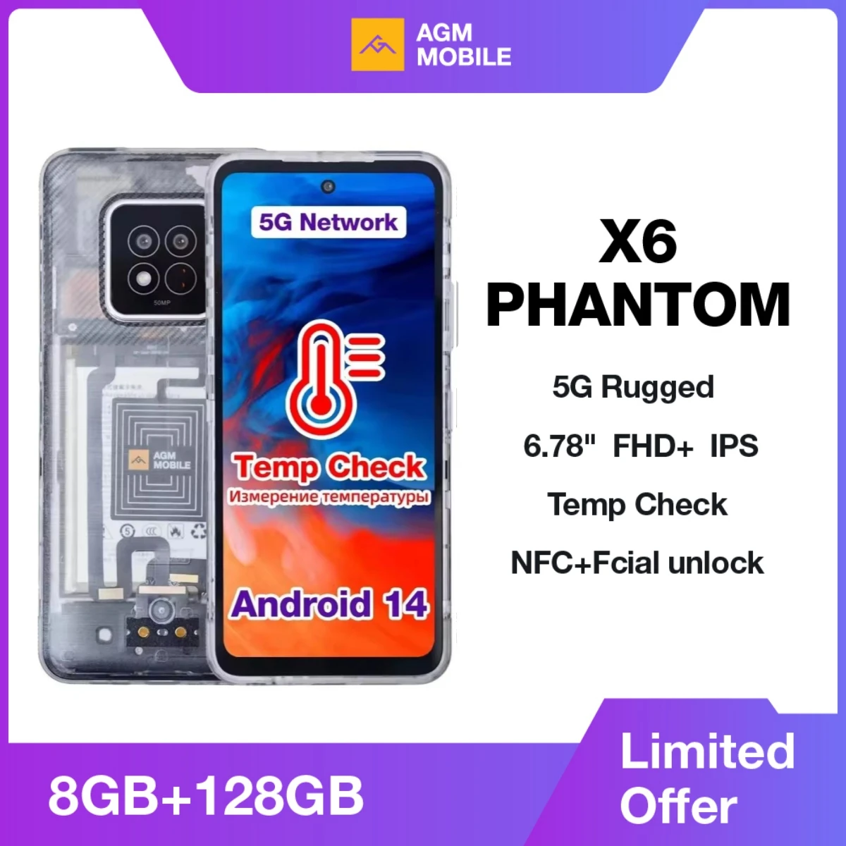 AGM X6 Phantom 5G Rugged Smartphone 6.78" FHD+ 5000mAh 8GB+128GB Temp Check Phone Android 14 50MP NFC Dual SIM 1
