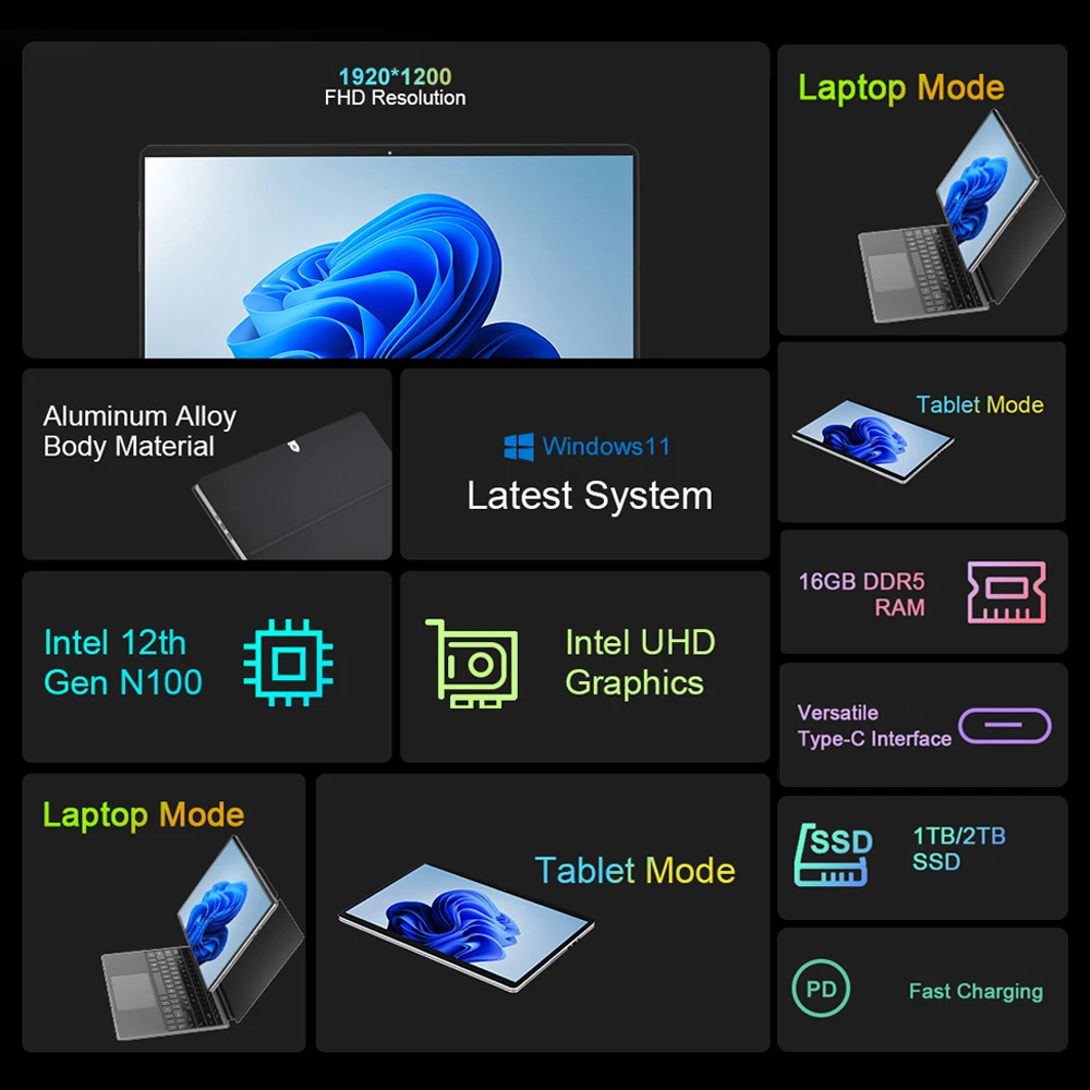 CRELANDER 2 in 1 Laptop Intel N100 14 Inch 2K Touch Screen DDR5 16GB Windows 11 RGB Keyboard Tablet Pc Mini Laptops Notebook 3