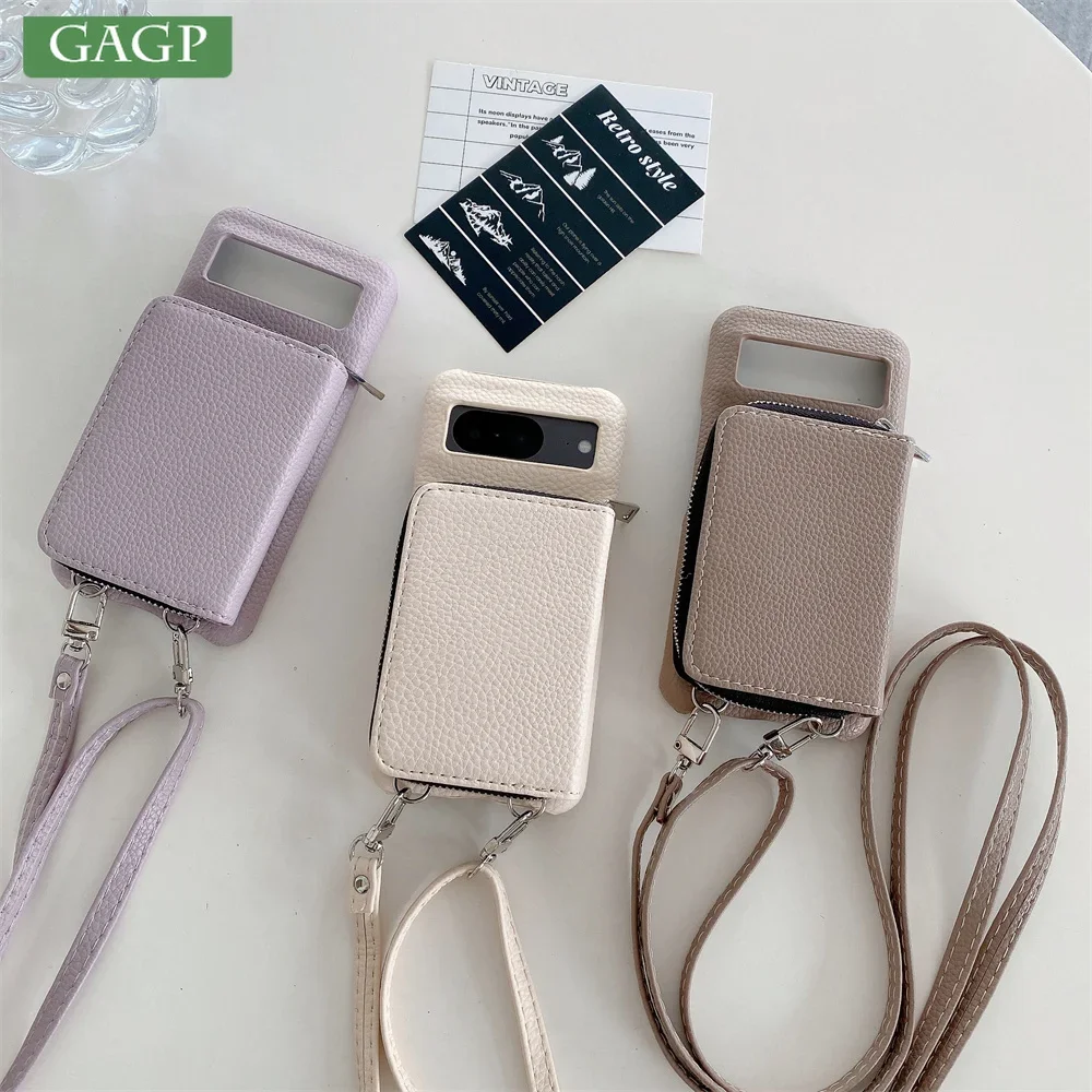 Leather Litchi Wallet Phone Case with Shoulder Strap and Card Holder Stand