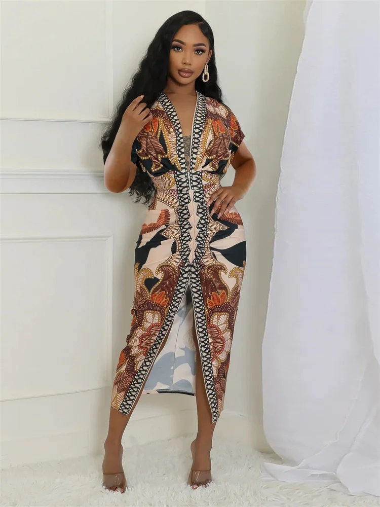 Wmstar Dresses Women Wholesale Deep V Neck Sexy Bodycon A New Short Sleeve V Neck Fitted Printed African Fashion Women's Wear