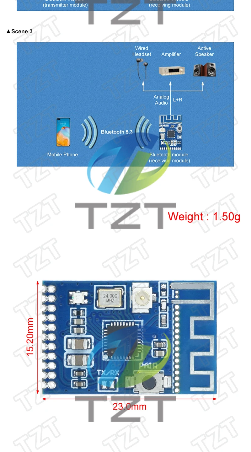 1/2 Stück Bluetooth-5.3 Modul Audio-Sender-Modul 20 Meter Stereo GFSK Transceiver Kopfhörer-Platine – Detail 6