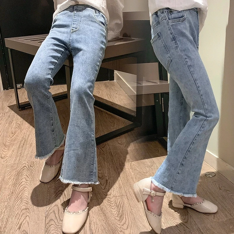 

New Spring Summer Teens Girl Clothes Denim Jeans Fashion Patchwork Harajuku Tight flared Pant Child High Elastic Waist 12 years