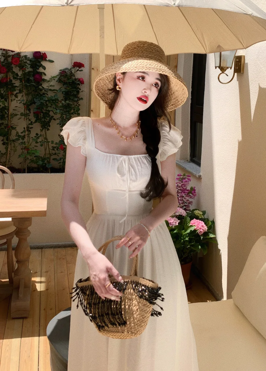 Elegant Vintage Midi Dresses for Women Summer New Square Collar High Waist Princess Party Dress Casual A-line Vestido Mujer
