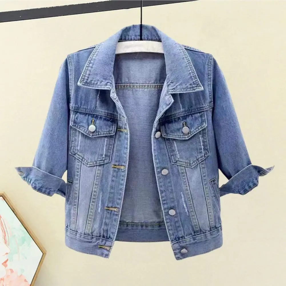 

Spring Autumn Women Denim Jacket Lapel 3/4 Sleeve Flap Pockets Single Breasted Casual Short Coat Lady Outerwear