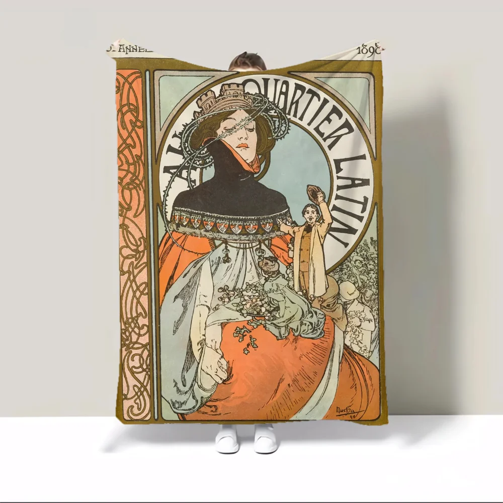 Alphonse Mucha 따뜻한 담요, 푹신하고 부드러운 담요, 캐릭터 홈 인테리어, 럭셔리 침구, 비치 타올, 니트 격자 무늬