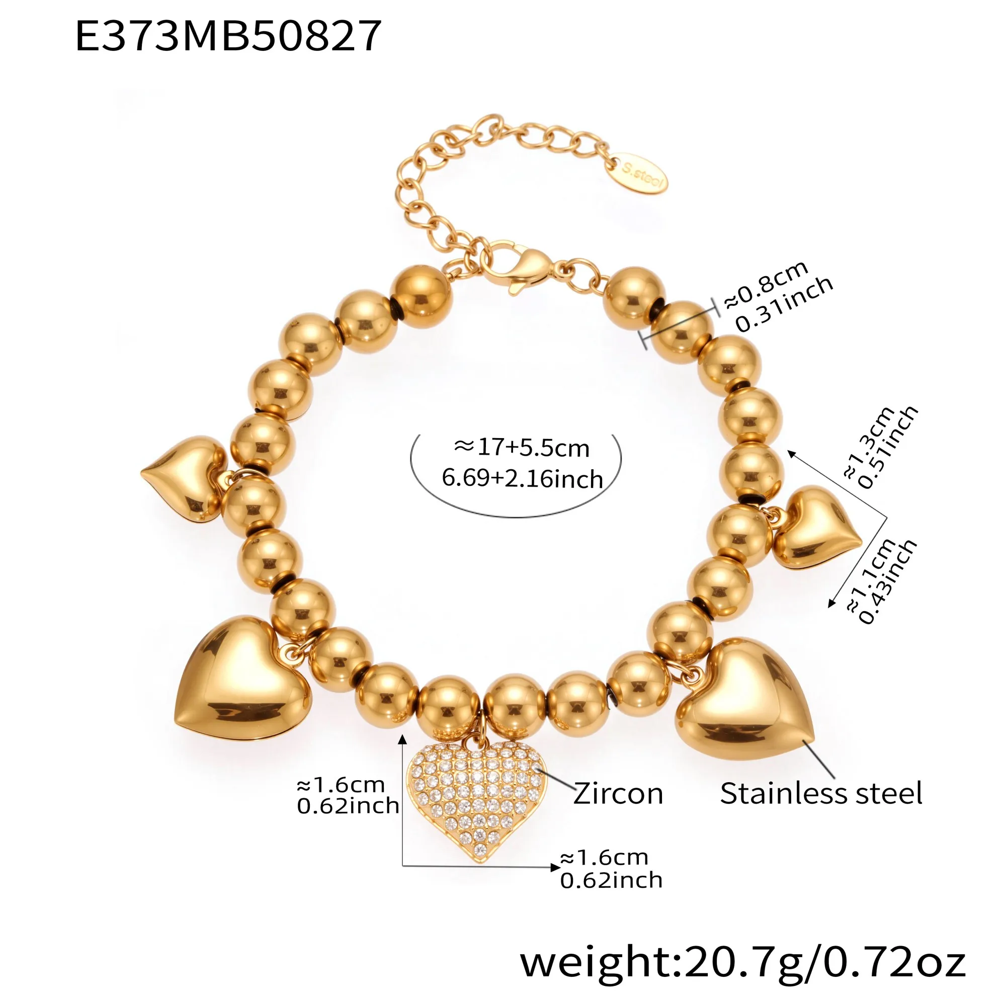 Goldfarbenes, herzförmiges Silberarmband für Damen, 316L-Edelstahl, 18 Karat vergoldete Kette, Perlen-Zirkon-Armband, Schmuck – Detail 1