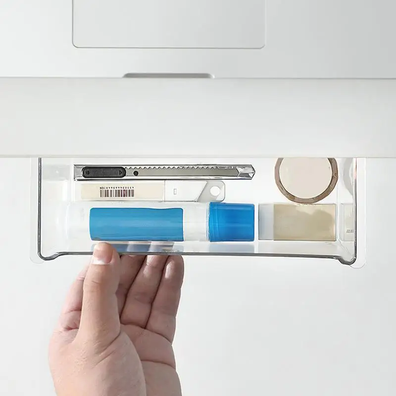 Under Desk Drawer Self Adhesive Pull-Out Storage Box Cosmetic Pen Holder Clear Wardrobe Cabinet Organizer Office Storage Tools