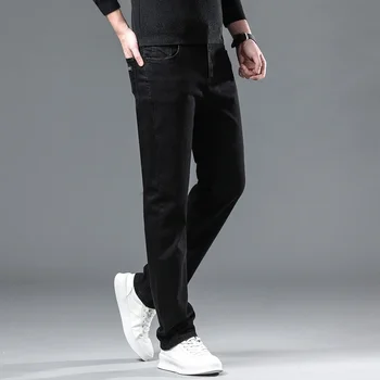 Winter Men Black Straight Stretch Denim Thick Velvet Pants Warm Jeans Casual Fleece Line Trousers Male Plus Size