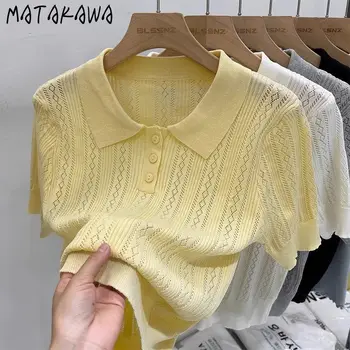 Matakawa Solid Knitted T-shirts Hollow Out Thin Spring Summer Sweet T Shirt for Women Korean Fashion Elegant Ropa De Mujer 1
