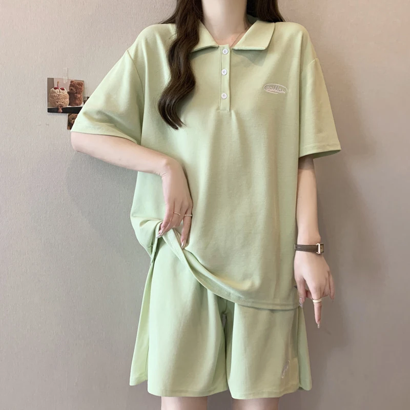 Oversized Sports Casual Women's Clothing Set Korean Loose Short Sleeved T-Shirt Shorts 2Pcs Home Wear Fashionable Versatile Suit