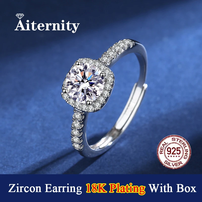 Quadratischer 18-Karat-Beschichtungsring aus S925-Sterlingsilber, D-Farbe, verstellbare Größe, Zirkonring für Frauen, glänzend wie Diamant-Hochzeitsschmuck