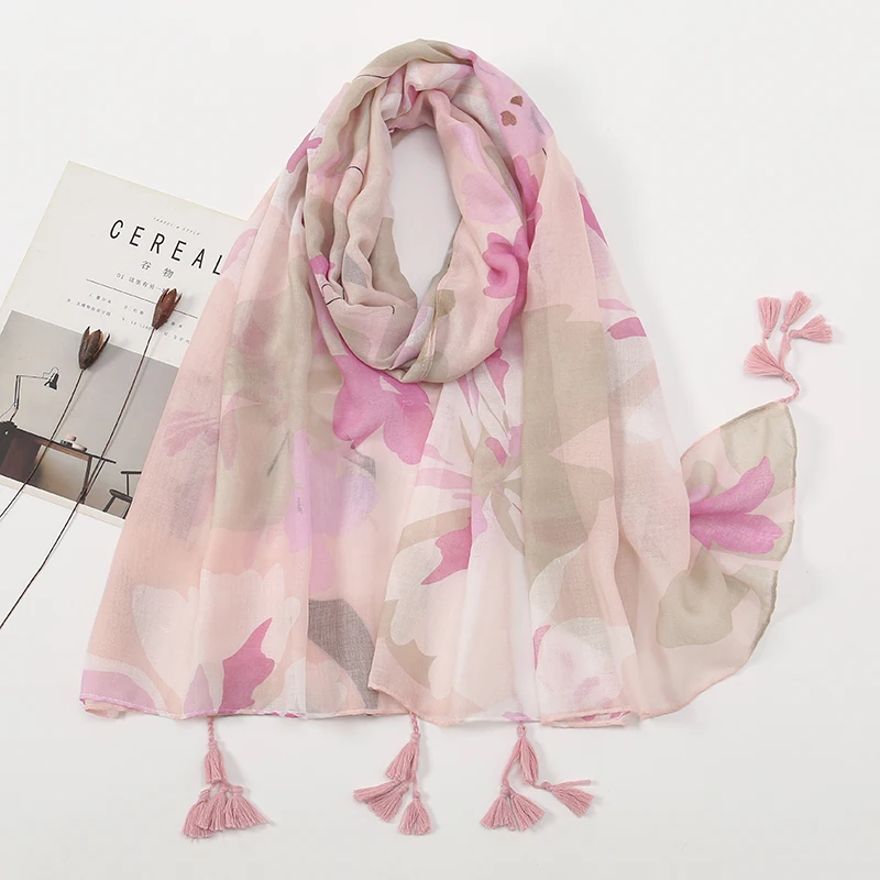 Bufanda de lino y algodón suave con estampado de otoño e invierno para mujer, bufandas largas con borlas y flores, bufandas tipo hijab de 180 x 90 cm