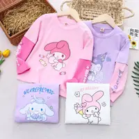 Sanrio Kuromi Children's Long Sleeve T-shirt Pure Cotton Girl Thin Tops Fake Two-piece Base Shirt Spring and Autumn Outfit 1
