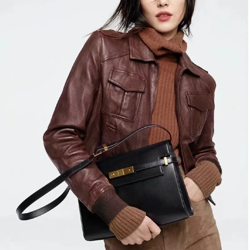 

Liu Wen's Same Style Women's Genuine Leather Jacket With Sheepskin Collar, Slim Fit, Versatile And Fashionable Motorcycle Leathe