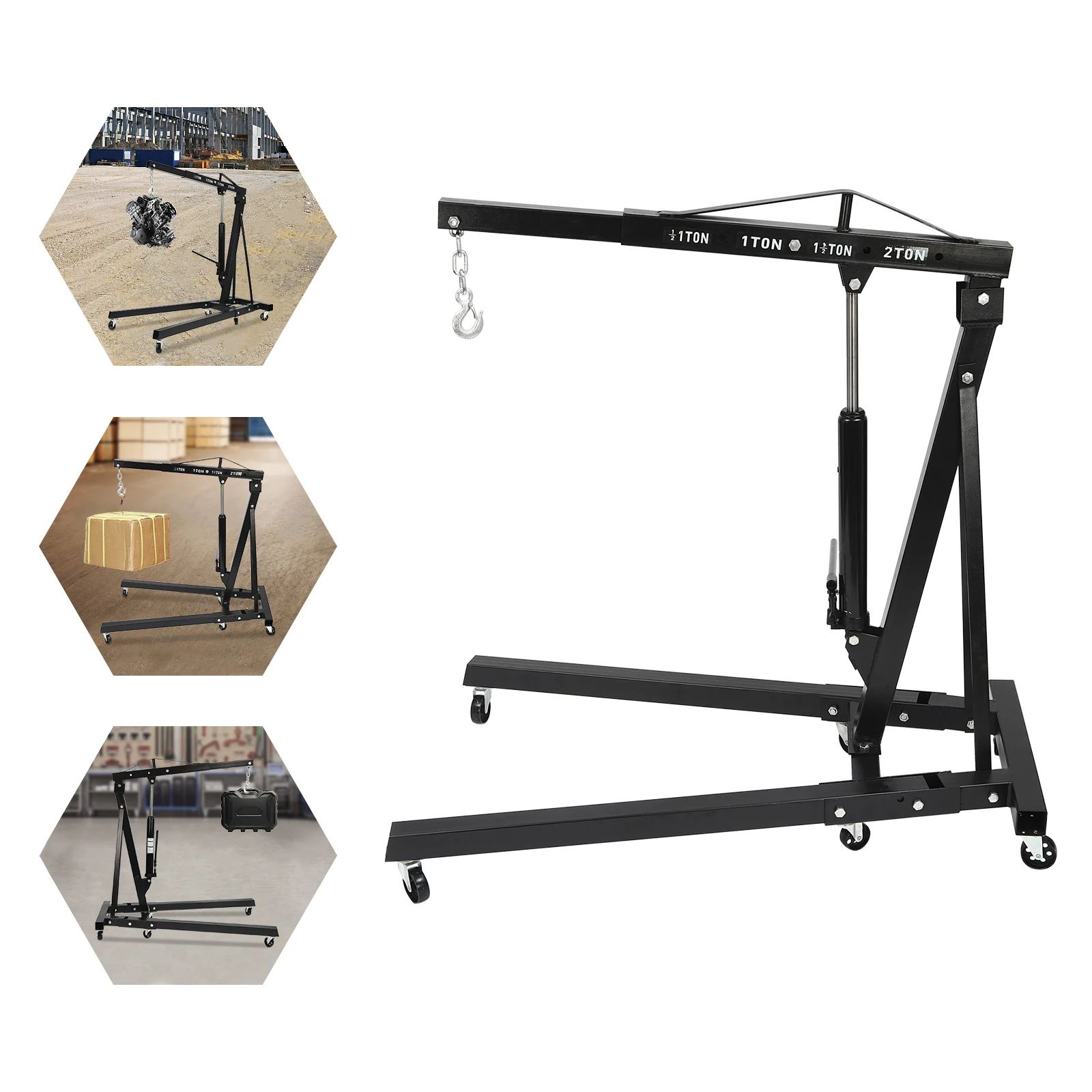 2 Ton Folding Engine Hoist Crane - 6 Wheel Hydraulic Lift, 4 Position Adjustable (0.5T To 2T), For Garage & Workshop