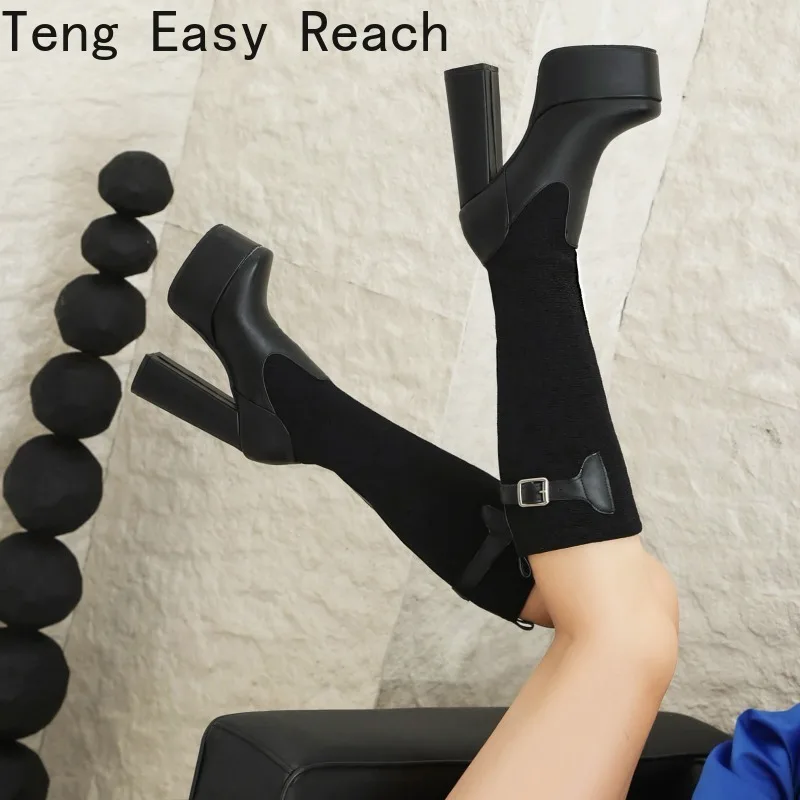 Women Chunky Platform Over The Knee Boots Ladies Autumn Winter High Heels Pu Leather Long Boots Woman Fashion Motorcycle Botas