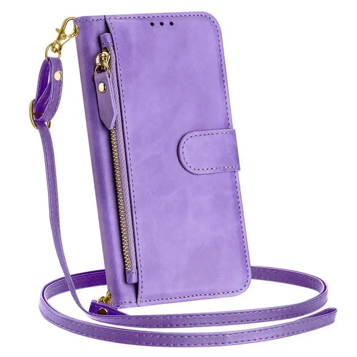 Enhanced Faux Leather Crossbody Zipper Wallet Case with Flip Book Cover