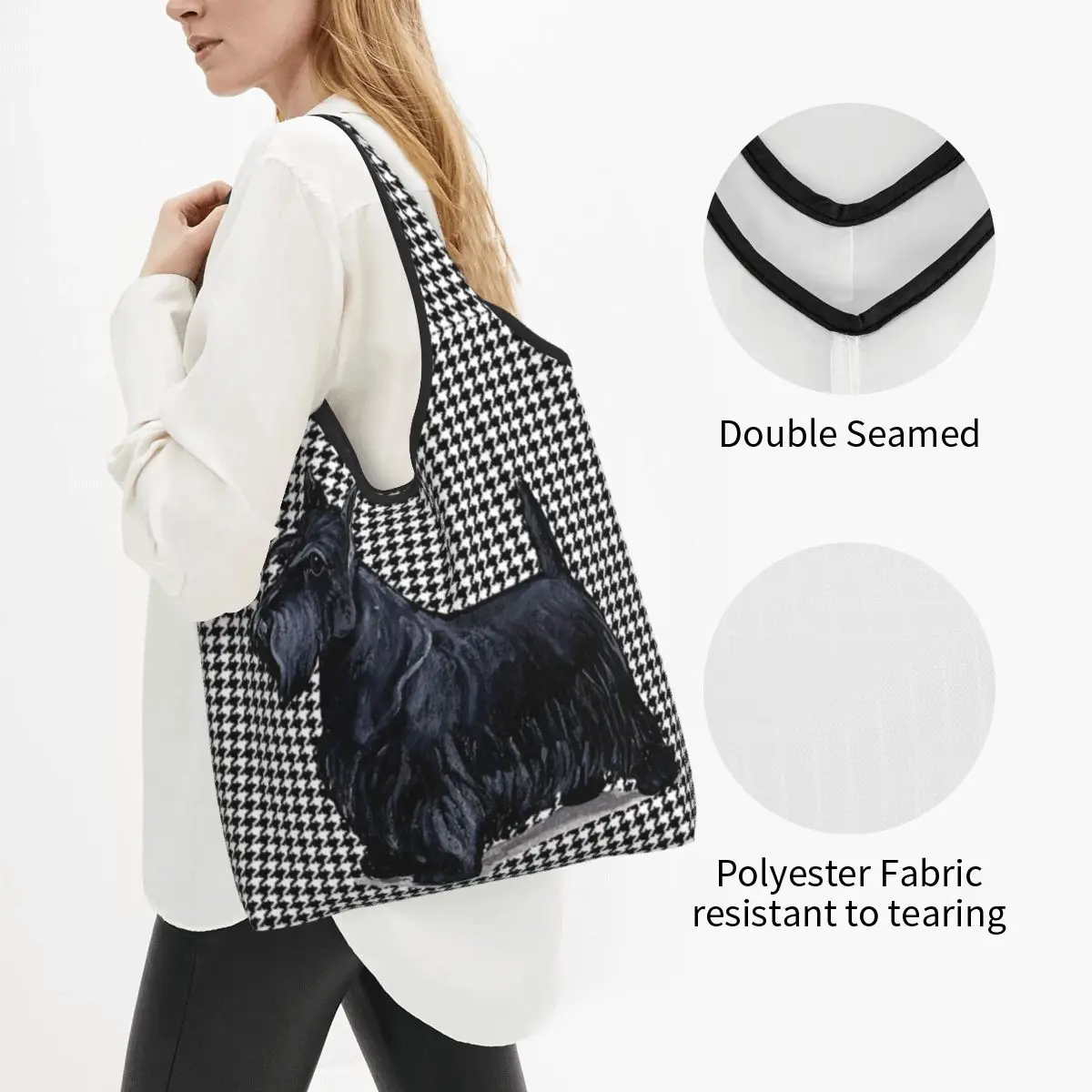 Scottish Terrier Houndstooth Shopping Bags Women Portable Big Capacity Grocery Pet Scottie Dog Shopper Tote Bags