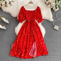 2026 Fashion New Summer Flower Print Long Dress Women Vintage Square Neck Ruched Chest Split  Sundress Party Vestidos - Image 6