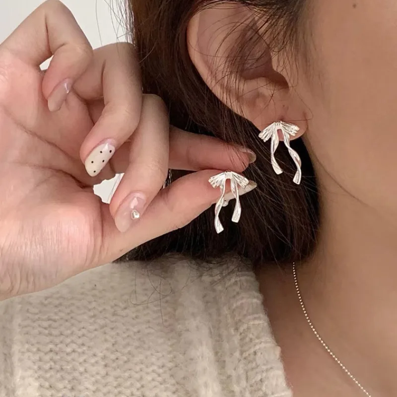 

VENTFILLE 925 Sterling Silver Bow Knot Earring for Women Texture Tassels Sweet Romantic Korean Jewelry Gift Dropshipping