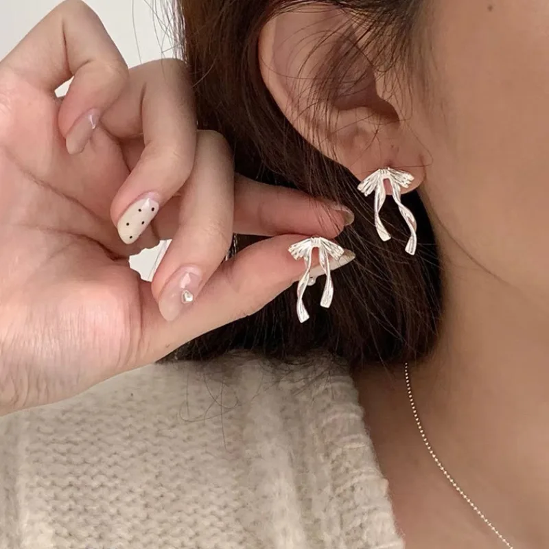 VENTFILLE 925 Sterling Silver Bow Knot Earring for Women Texture Tassels Sweet Romantic Korean Jewelry Gift Dropshipping