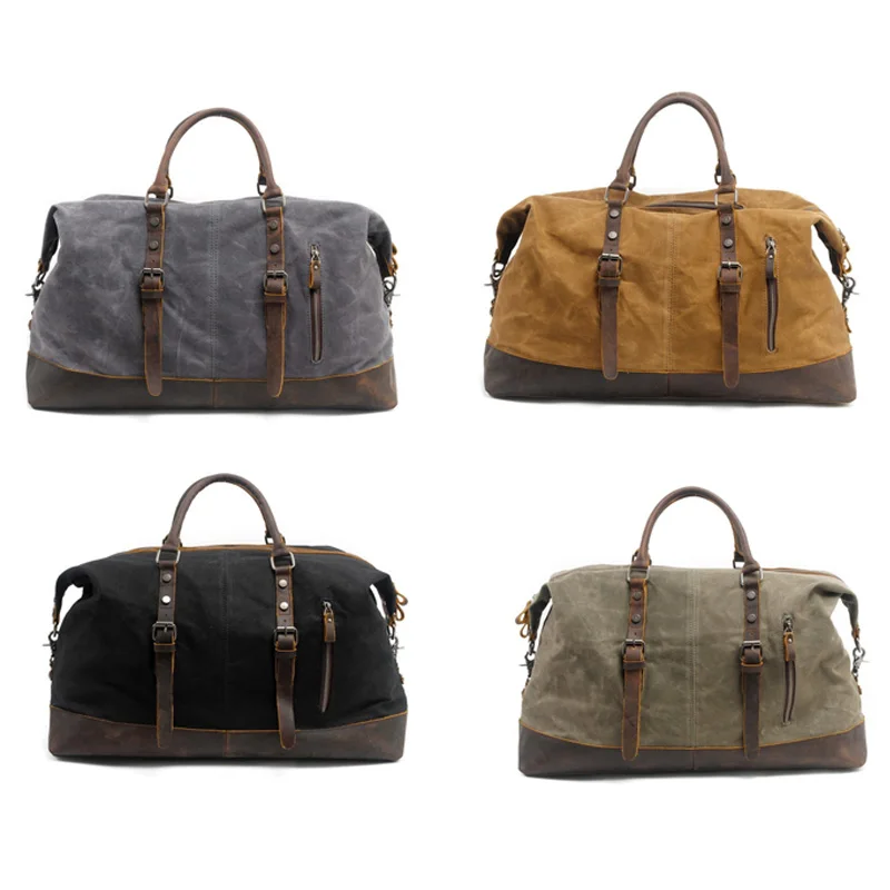 

ASDS-Vintage Waxed Canvas Men Travel Duffel Large Capacity Oiled Leather Weekend Bag Basic Holdall Tote Overnight Bags