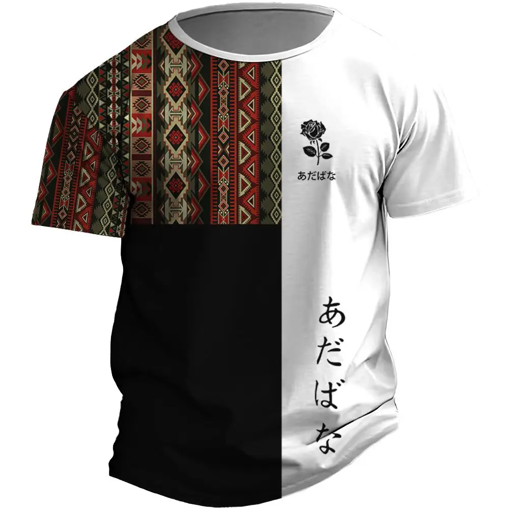 Ethnic Style Men‘S T-Shirts 3d Patchwork Color Block Print Fashion Simple Short Sleeved Loose Oversized T-Shirt Casual Tops Tees