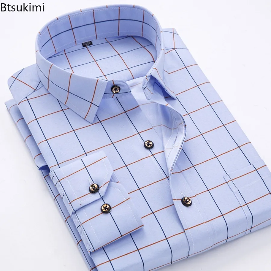 Men's Long Sleeve Plaid Printed Casual Shirts Strpied Regular Fit Formal Dress Shirt Fashion Comfort Business Social Shirts Male