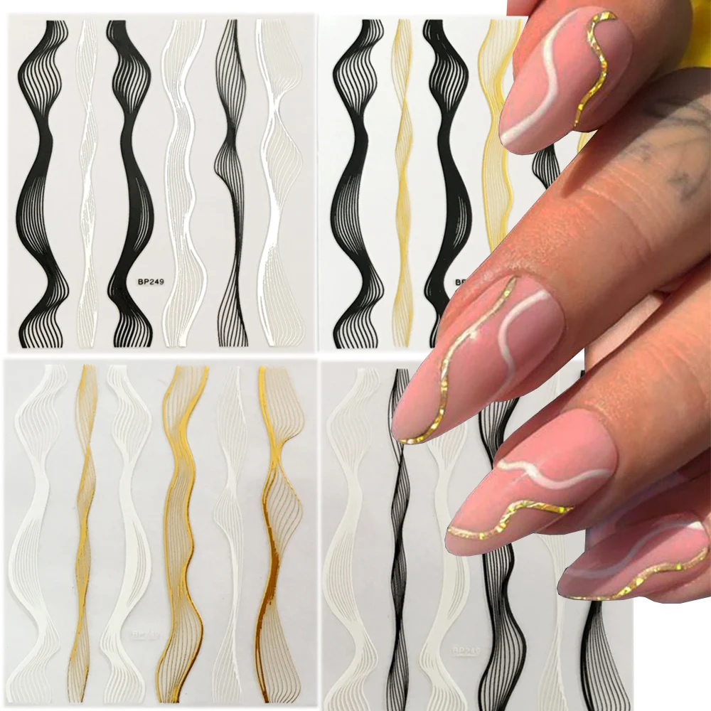 1 Foglio Curve Wave French Nail Sticker Linea Geometrica Cursore Autoadesivo Decalcomanie Curve 3D In Bianco E Nero Decorazione Manicure # J