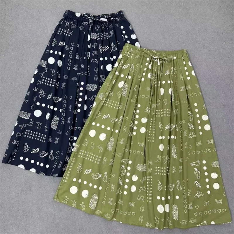 

Johnature Japanese Printed High-waisted Skirts Women 2024 Summer New Lace-up Elasticated Waist Cotton Casual Mori Female Skirts