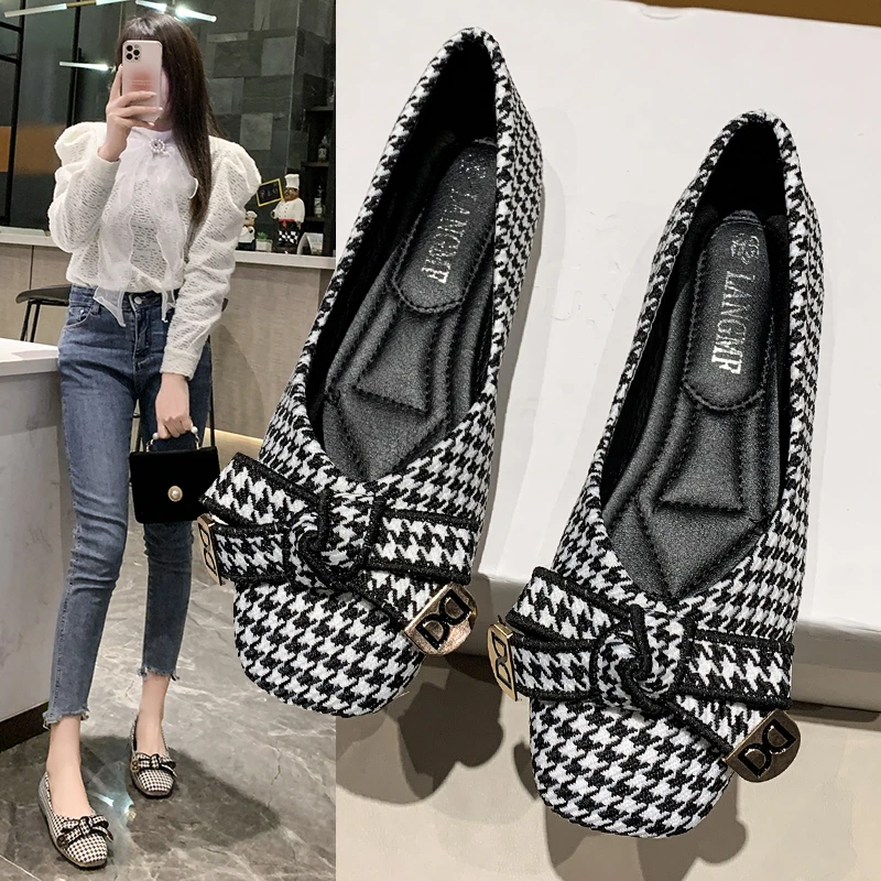 Spring Autumn Flat Shoes Square Toe Flat Shoes Plaid Flats Bow