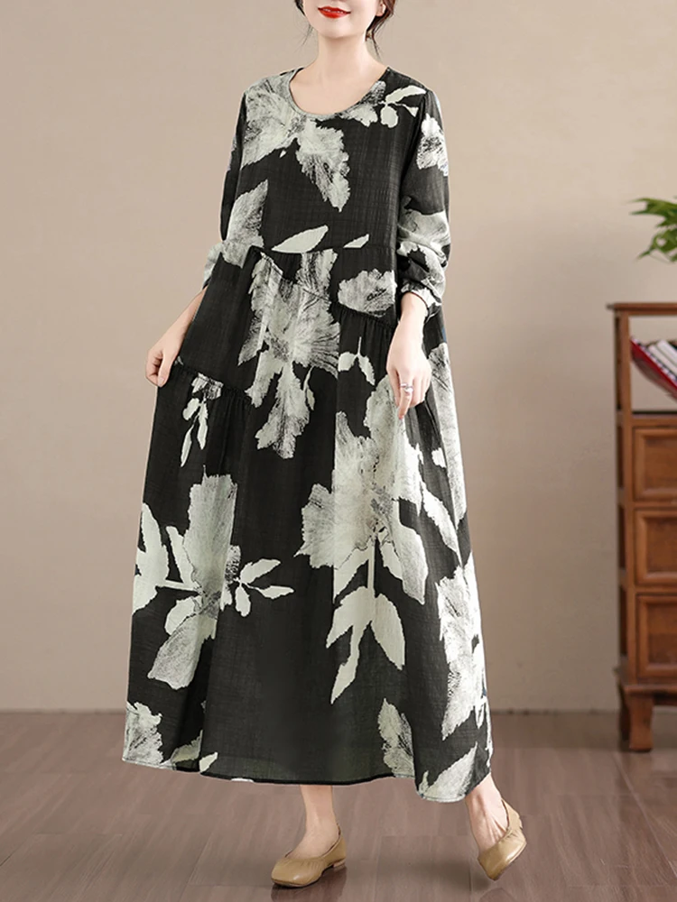 2025 Spring Autumn Cotton Long Sleeve Print Vintage Dresses Women Casual Loose Long Dress Office Lady Vestidos Elegant Clothing