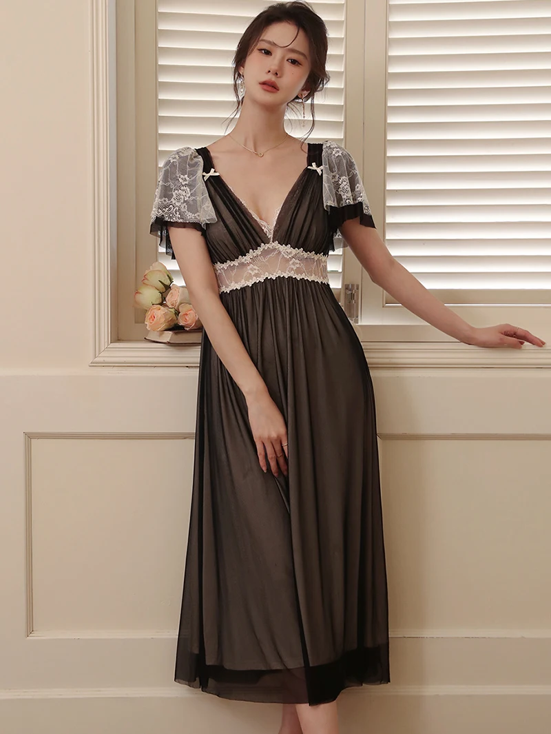 

Женская французская сетчатая Пижама, кружевная ночная рубашка с V-образным вырезом, летняя одежда для сна с нагрудной подушкой, пикантные ночные рубашки в викторианском стиле с коротким рукавом и вырезом