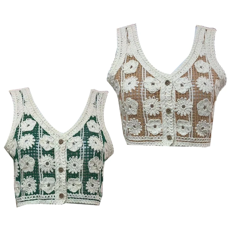 Hollow Knit Crop Top Waistcoat Women Crochet Embroidery Floral Button Cardigan