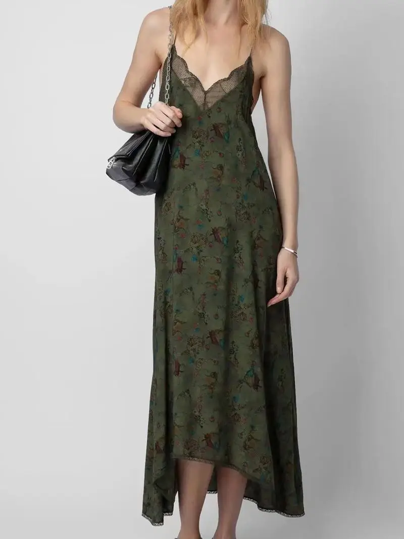 

Women's camisole dress 2024 summer new dark green retro print sexy lace deep V-neck camisole long dress sleepwear dress