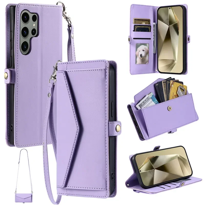 Premium Flip Leather Phone Wallet with Long Lanyard - Card Holder Case Cover