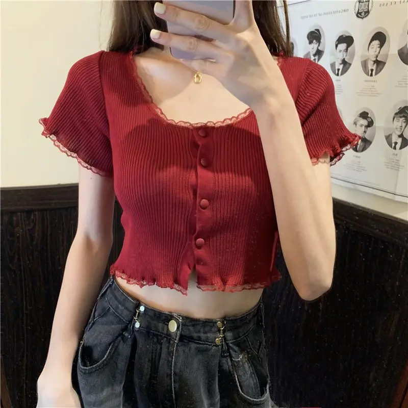

Pure Lust Lace-trimmed Knitwear Summer 2023 New Square Neck Short Sleeve Design High Waist Cropped T-shirt Top