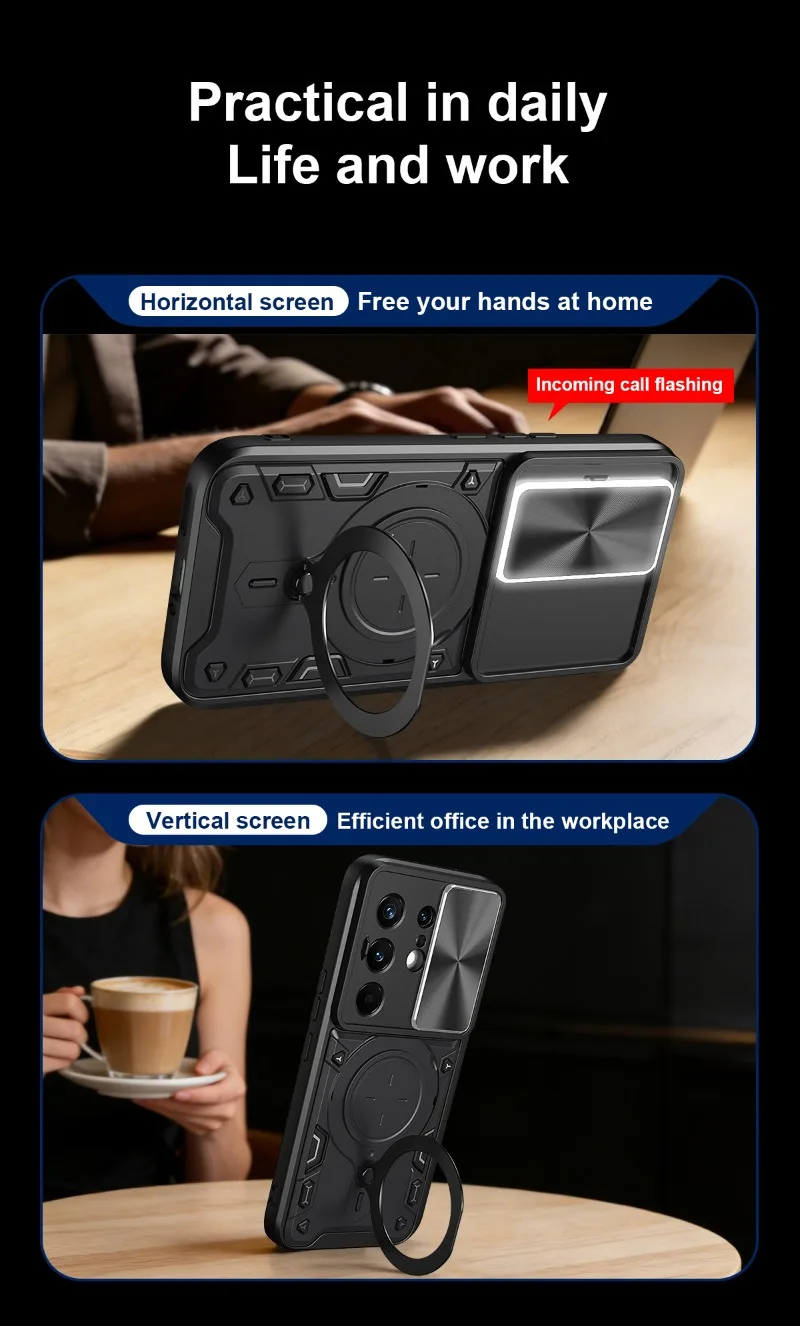 Tecno Camon Heavy Duty Shockproof Armor Case with Magnetic Ring Holder and Slide Lens Protection Cover
